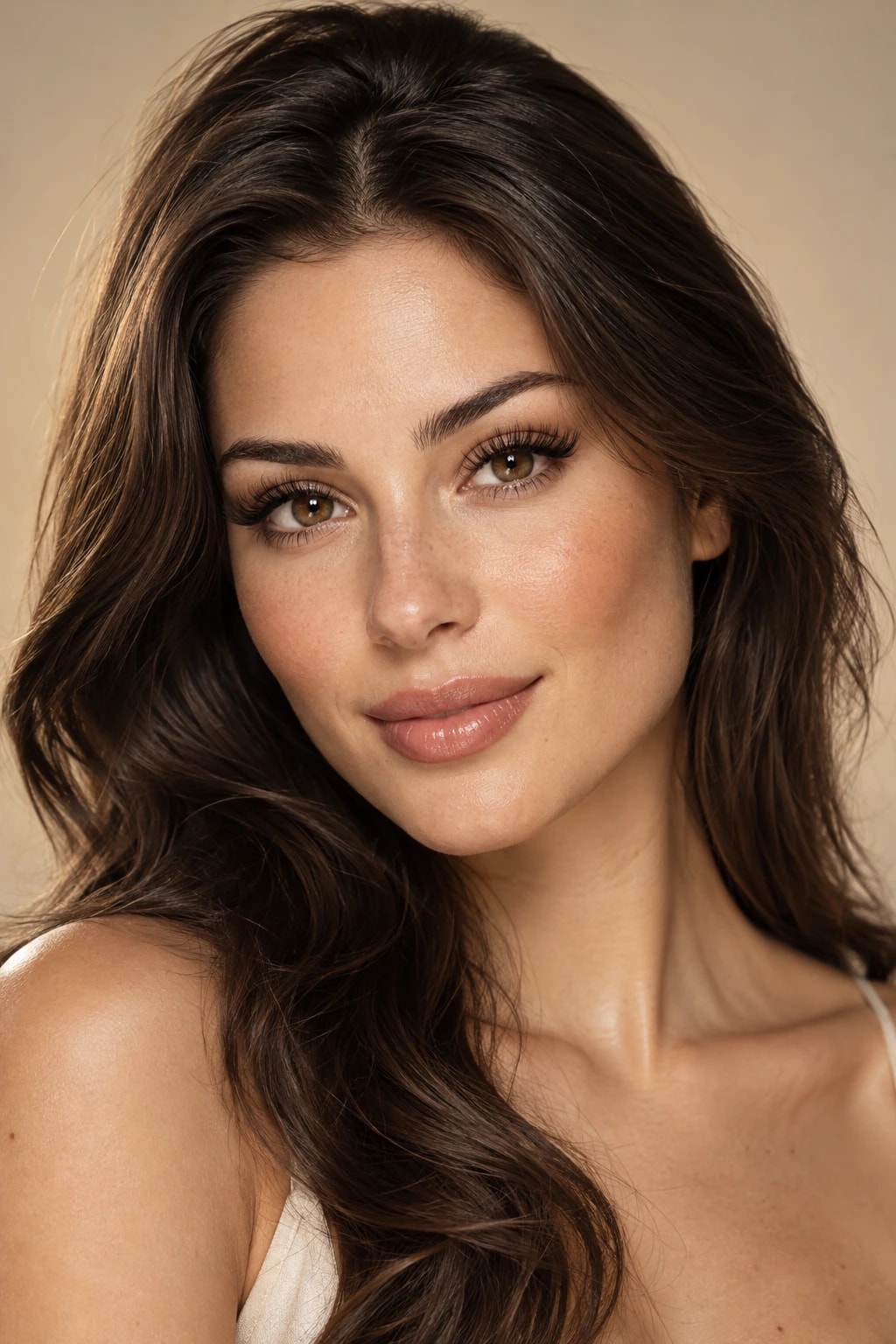 KI-generierte Beauty-Inspiration: Frau mit fein gefächerten Wimpernverlängerungen